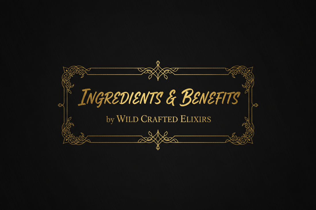 Wild Crafted Elixirs product bottles arranged on a dark background