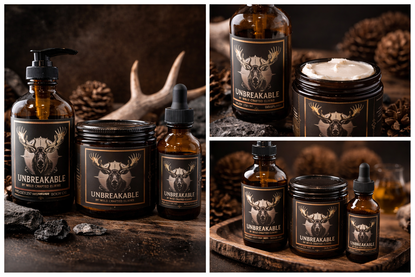 Collage of Unbreakable product bottles and containers on a rustic background with pinecones and deer antlers.