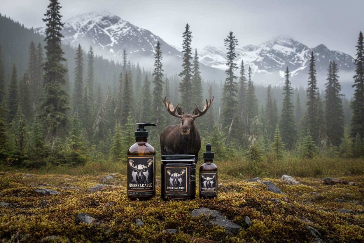 Three bottles of 'Fremark' products with a moose in a forest setting