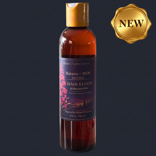 Hair elixir bottle with a gold cap on a dark background