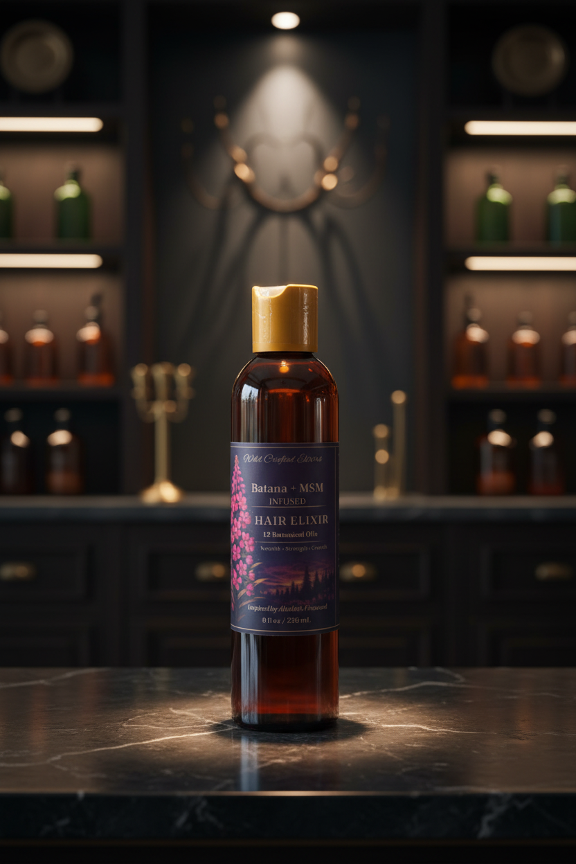 Bottle of hair oil on a dark surface with a blurred bar background