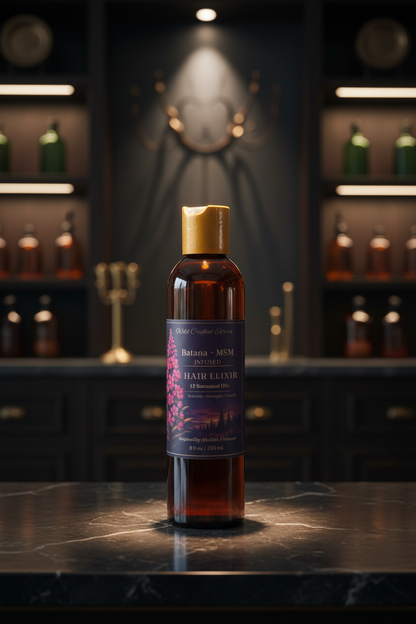 Bottle of hair oil on a dark surface with a blurred bar background