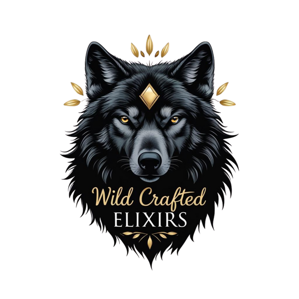 Logo of a black wolf with gold accents and 'Wild Crafted Elixirs' text on a white background